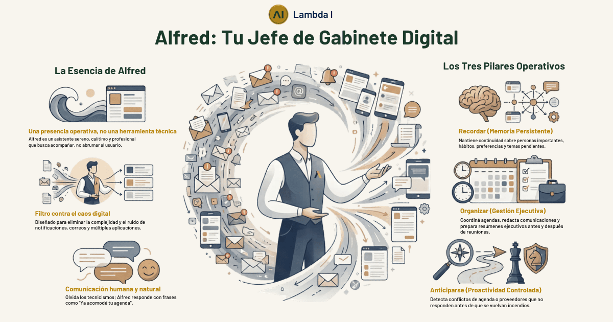 Infografía de ΛIFred, tu Jefe de Gabinete Digital: su esencia y los tres pilares operativos