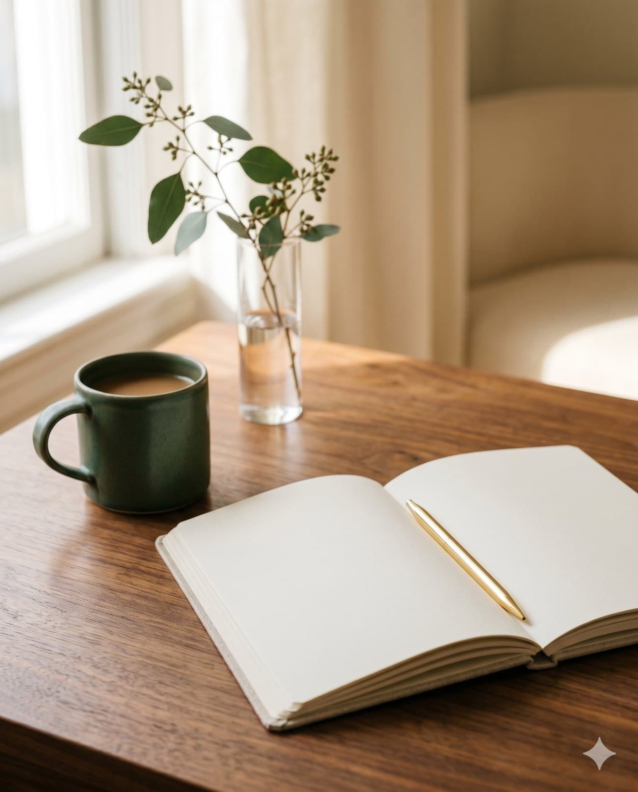 Libreta abierta, taza verde y lapicera dorada sobre un escritorio de madera
